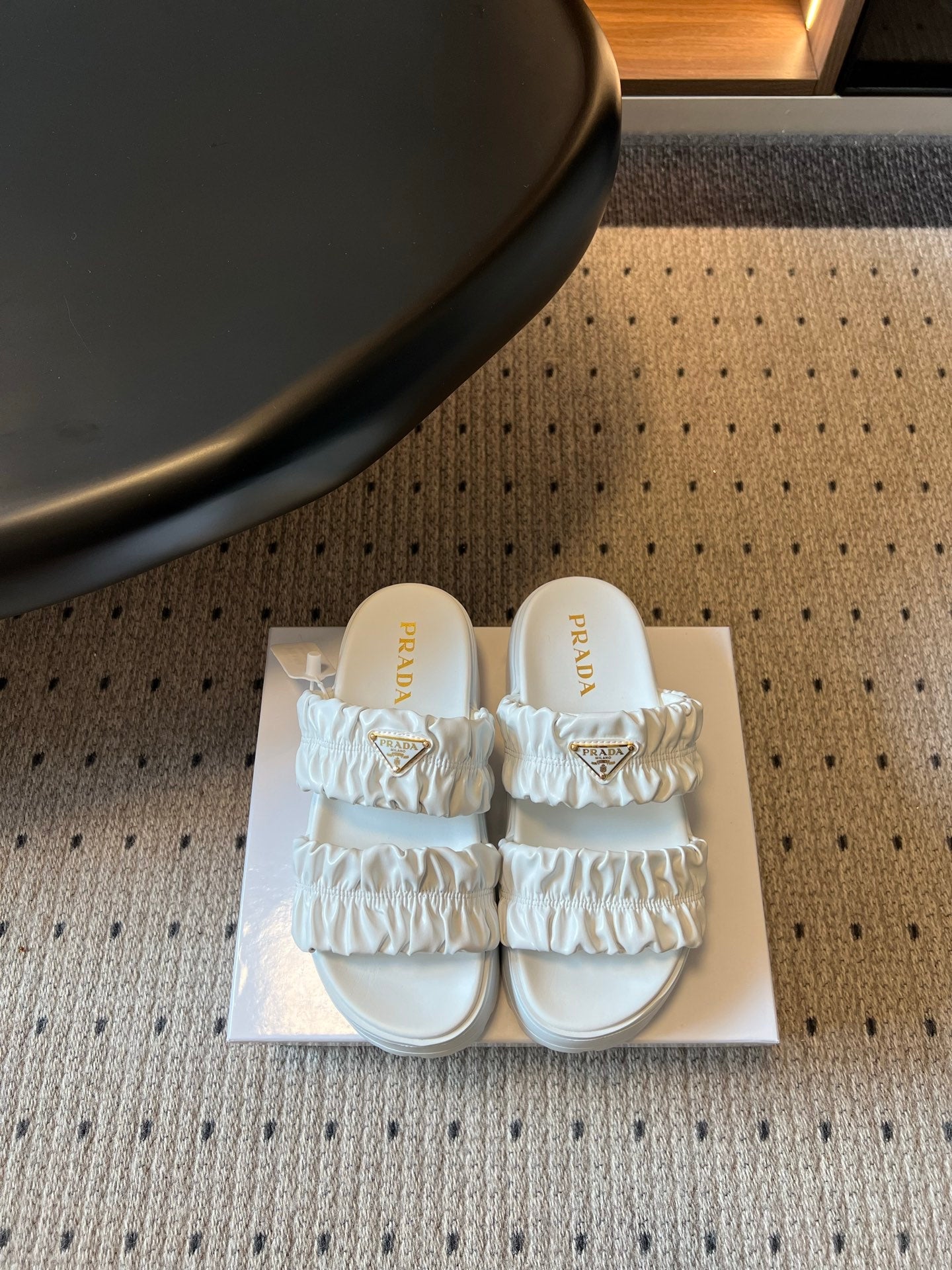 PRADA 26S RUCHED DOUBLE STRAP PLATFORM SLIDES 55MM IN WHITE CALFSKIN