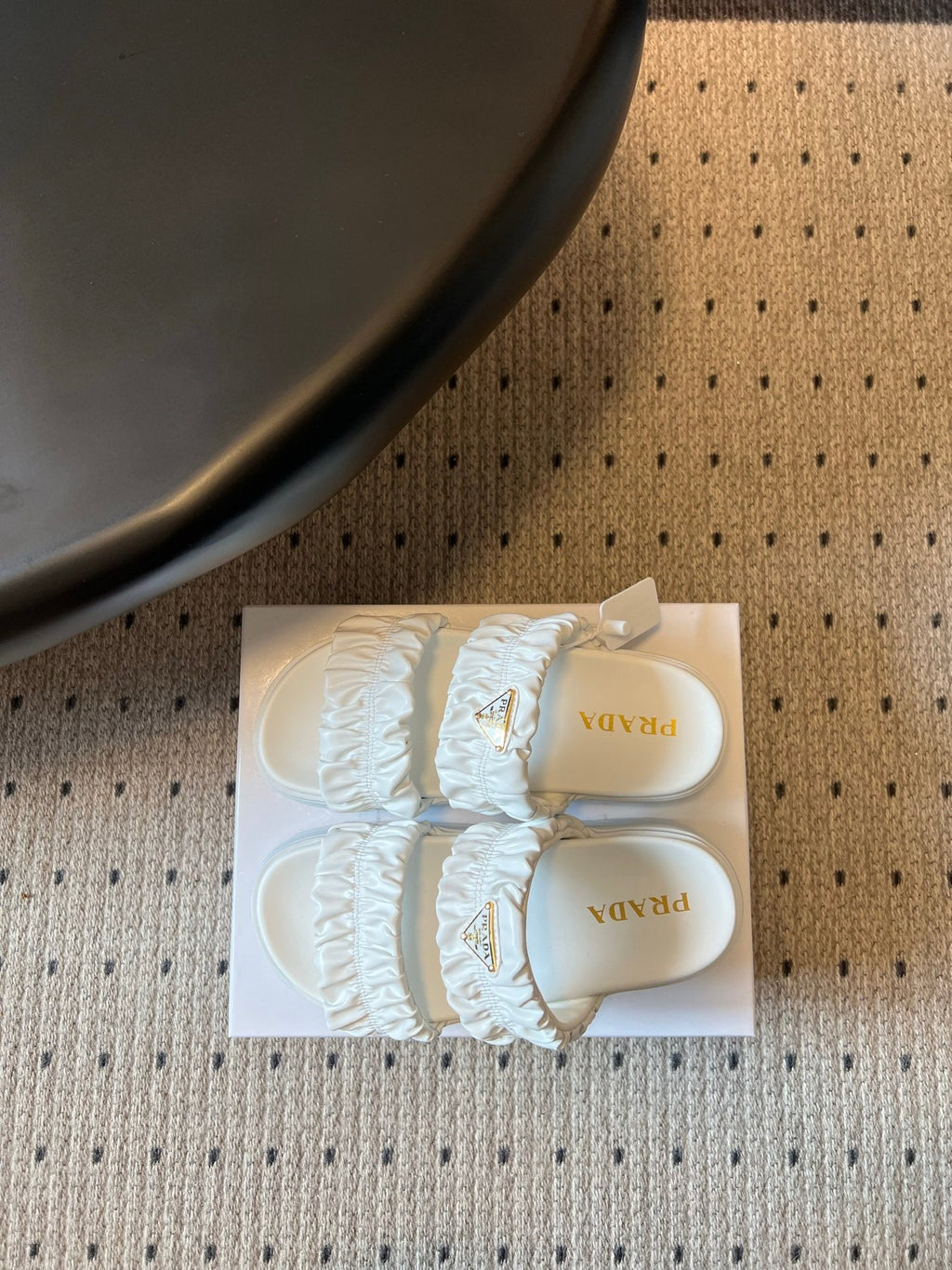 PRADA 26S RUCHED DOUBLE STRAP PLATFORM SLIDES 55MM IN WHITE CALFSKIN