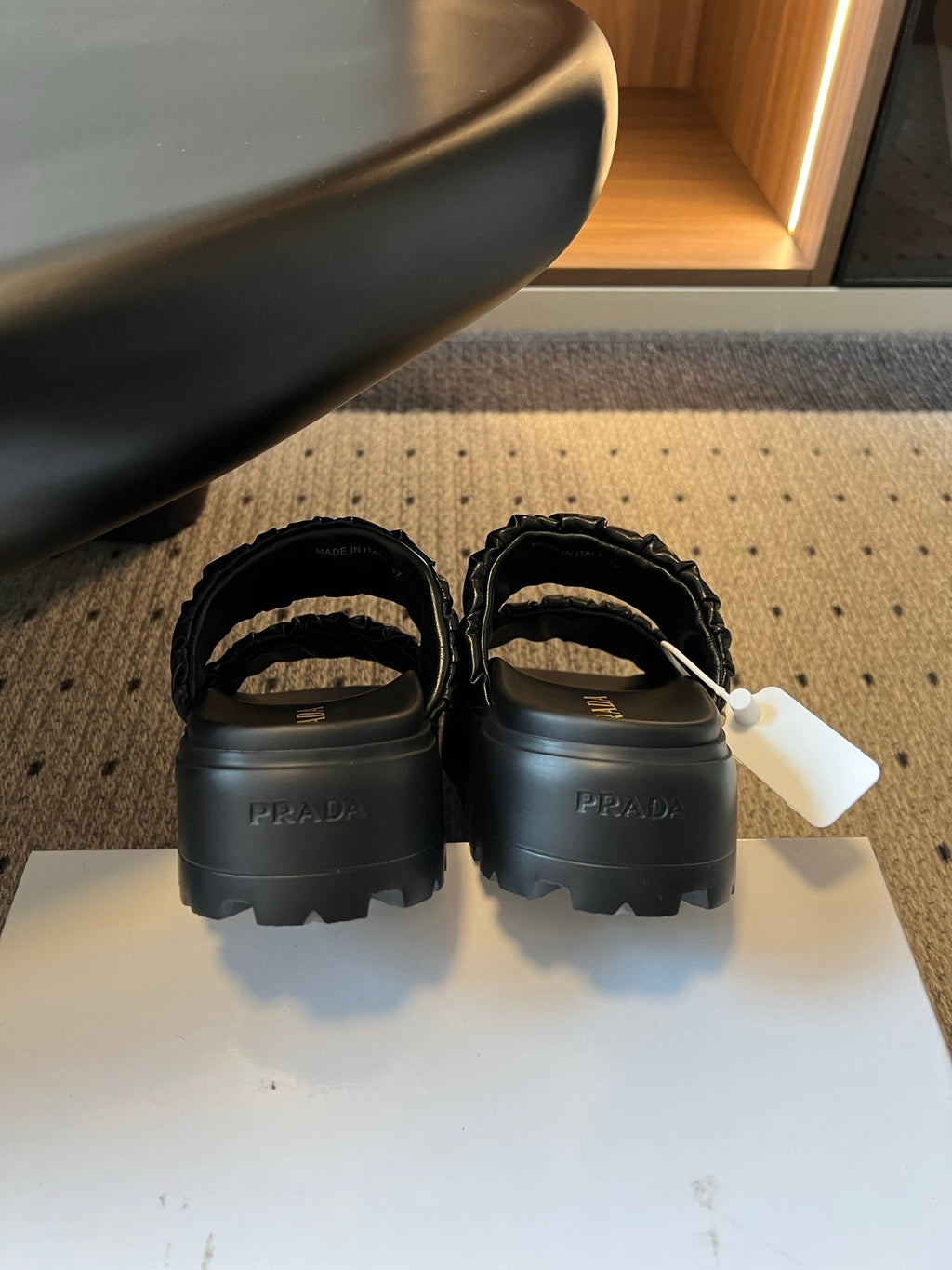PRADA 26S RUCHED DOUBLE STRAP PLATFORM SLIDES 55MM IN BLACK CALFSKIN