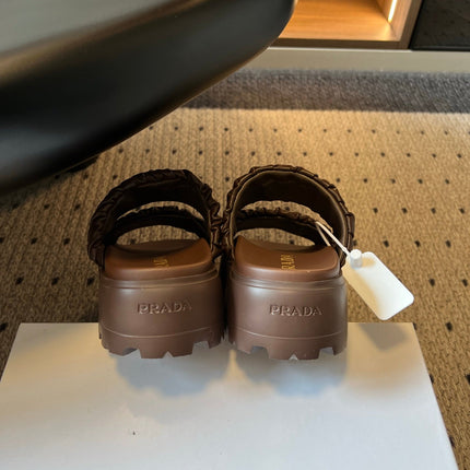 PRADA 26S RUCHED DOUBLE STRAP PLATFORM SLIDES 55MM IN DARK BROWN CALFSKIN