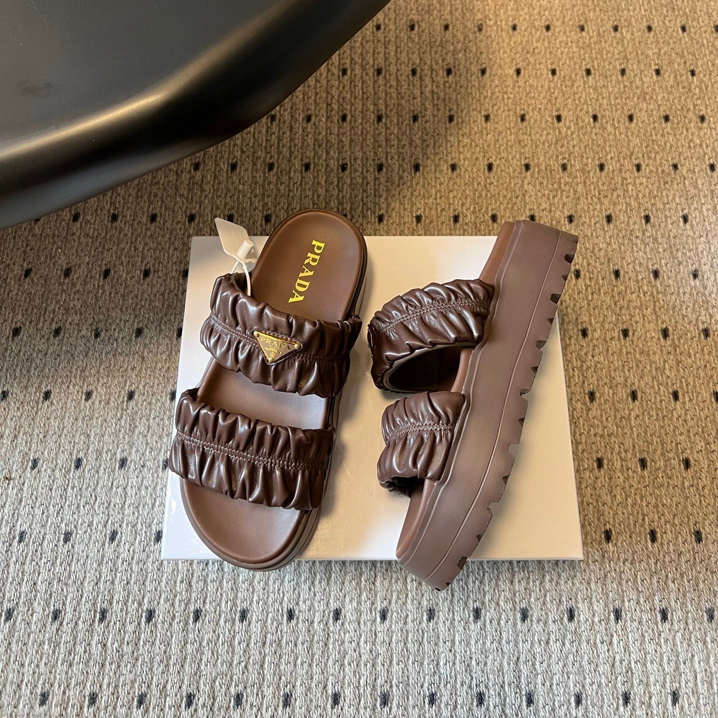 PRADA 26S RUCHED DOUBLE STRAP PLATFORM SLIDES 55MM IN DARK BROWN CALFSKIN