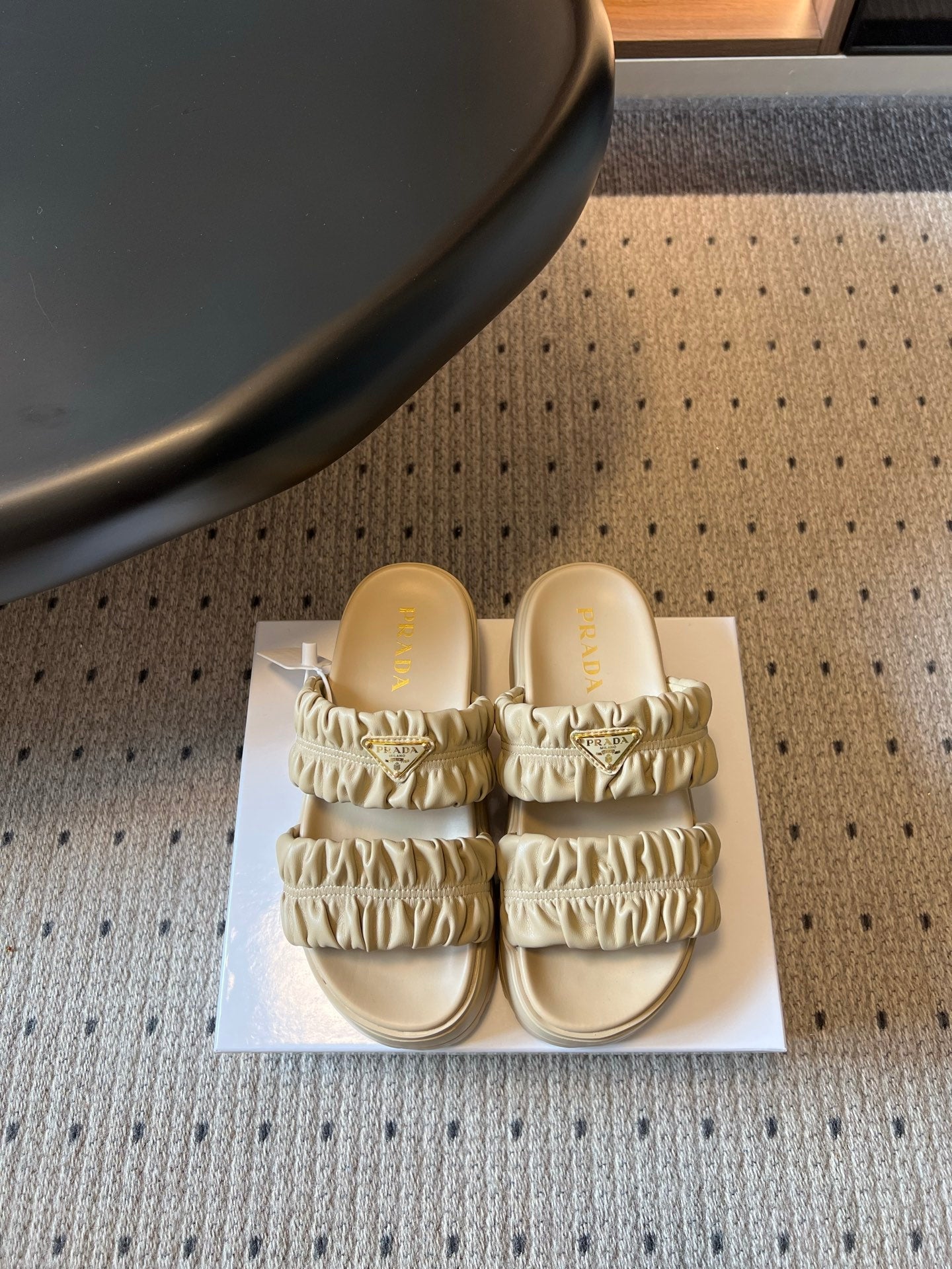 PRADA 26S RUCHED DOUBLE STRAP PLATFORM SLIDES 55MM IN BEIGE CALFSKIN