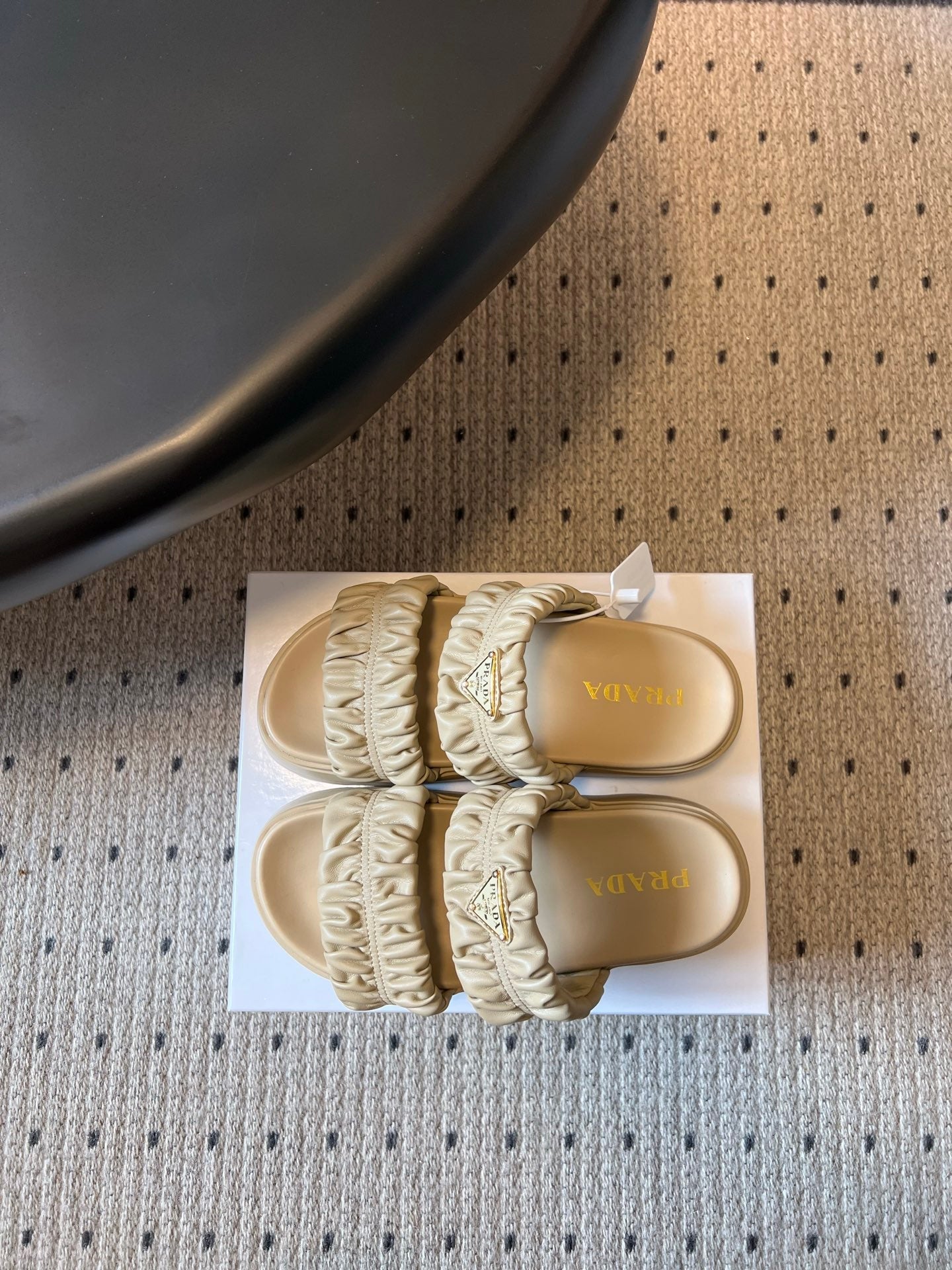 PRADA 26S RUCHED DOUBLE STRAP PLATFORM SLIDES 55MM IN BEIGE CALFSKIN