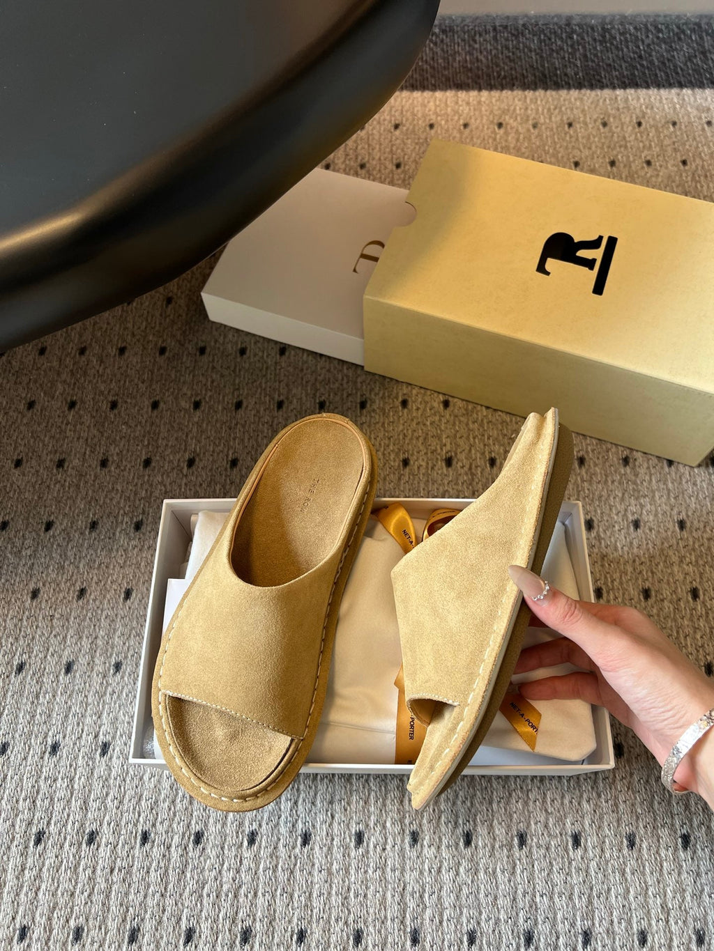 THE ROW 26S OPEN TOE MULES IN SAND BROWN SUEDE
