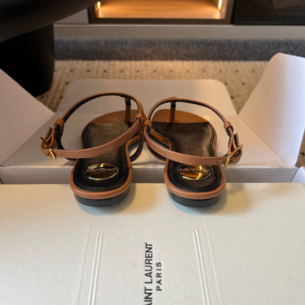 YSL 26S WIDE-STRAP THONG SANDALS IN BROWN CALFSKIN