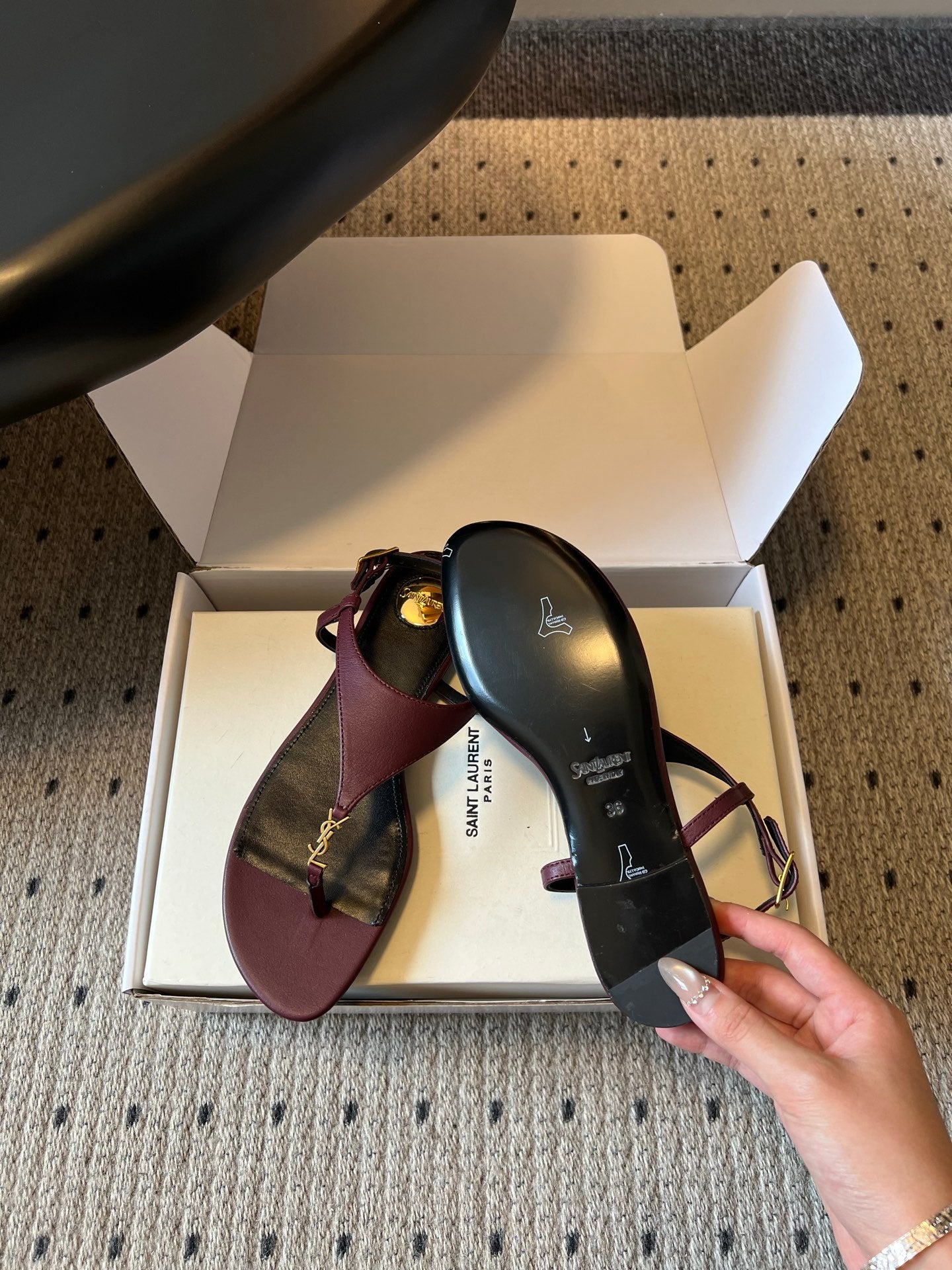 YSL 26S WIDE-STRAP THONG SANDALS IN DARK RED CALFSKIN
