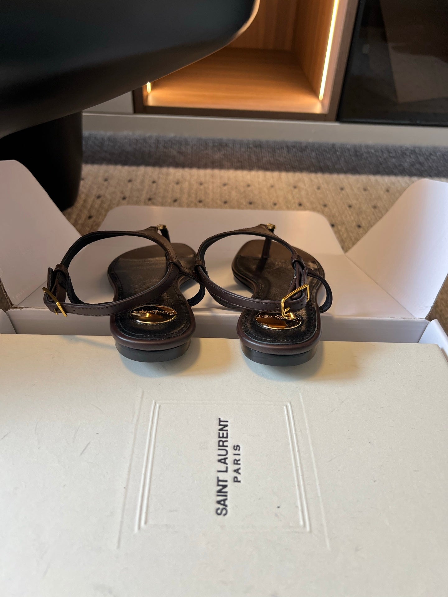 YSL 26S WIDE-STRAP THONG SANDALS IN CHOCOLATE BROWN CALFSKIN