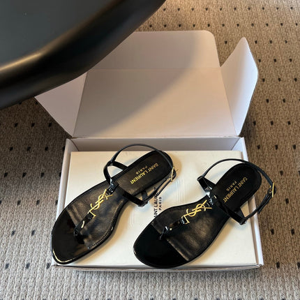 YSL 26S THONG SANDALS IN BLACK SHINY CALFSKIN WITH GOLD HARDWARE