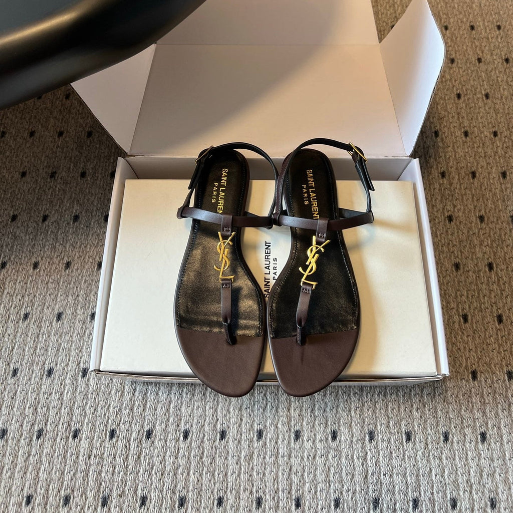 YSL 26S THONG SANDALS IN CHOCOLATE BROWN CALFSKIN WITH GOLD HARDWARE