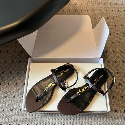 YSL 26S THONG SANDALS IN CHOCOLATE BROWN CALFSKIN WITH GOLD HARDWARE