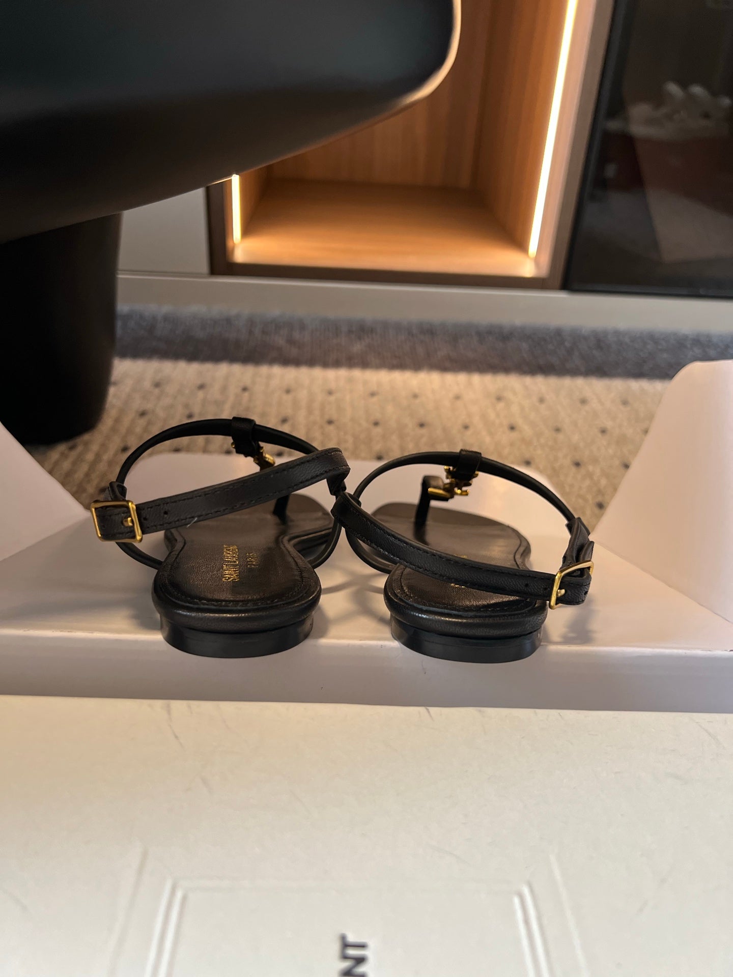 YSL 26S THONG SANDALS IN BLACK CALFSKIN WITH GOLD HARDWARE
