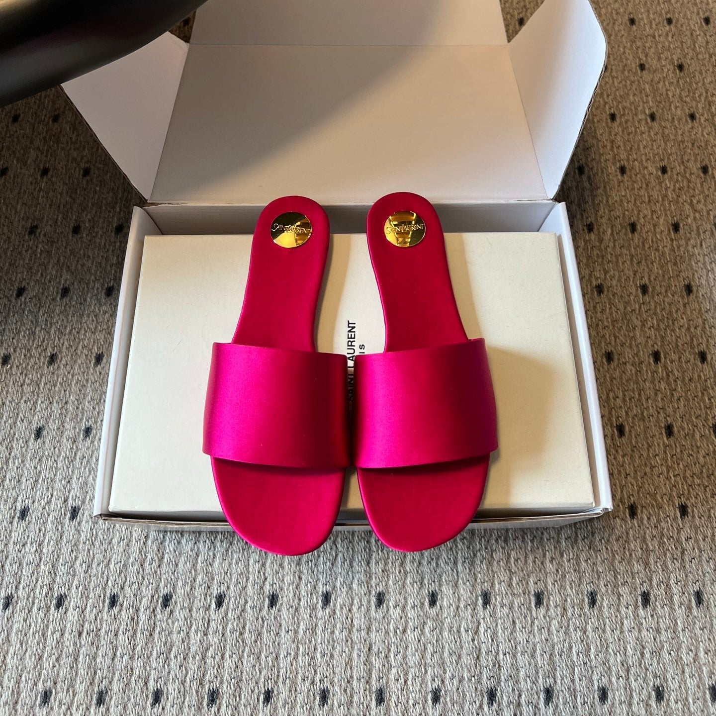 YSL 26S FLAT SLIDES IN DARK PINK SATIN