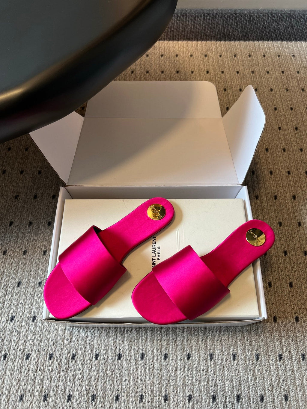 YSL 26S FLAT SLIDES IN DARK PINK SATIN