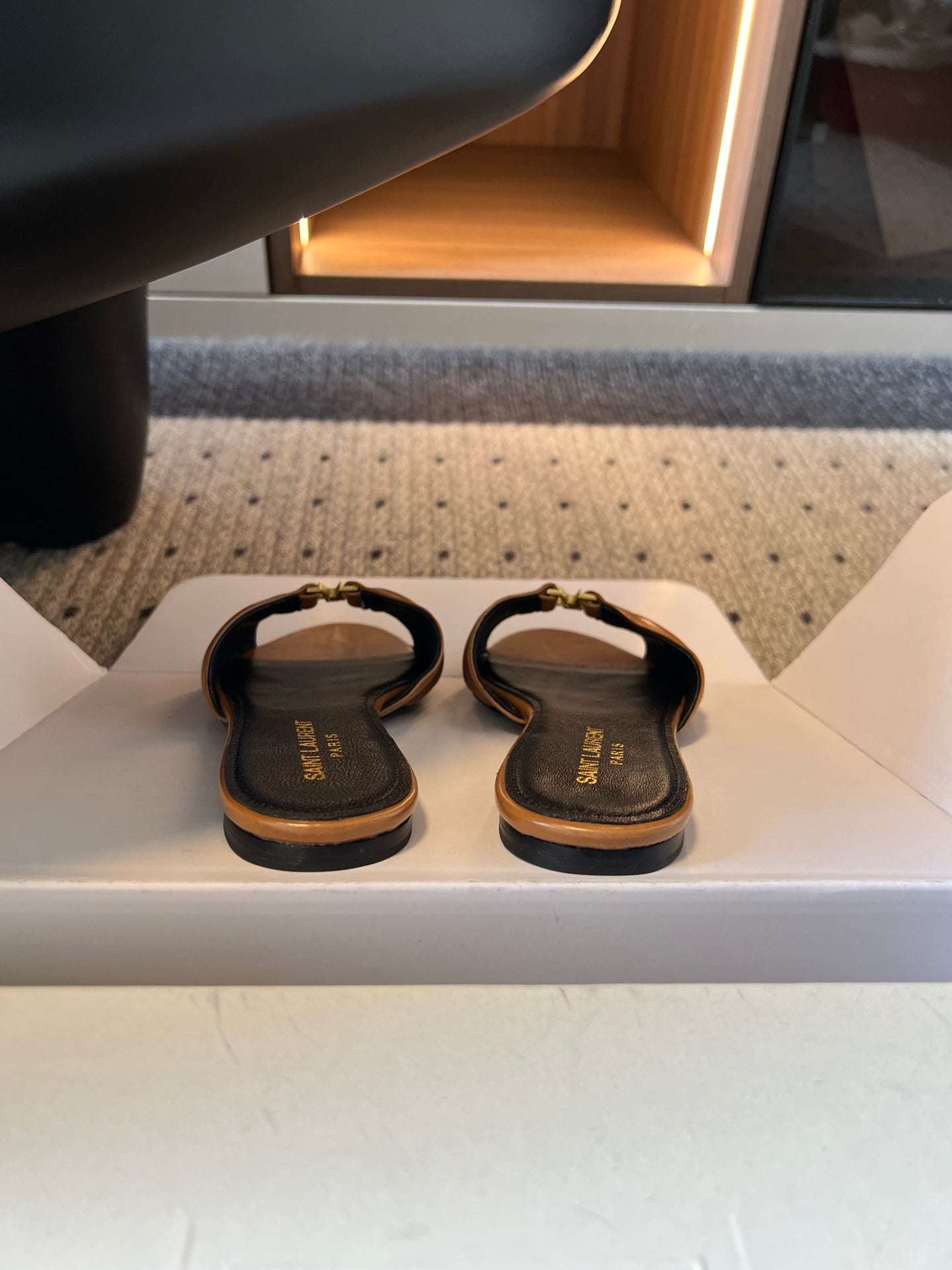 YSL 26S BABYLONE FLAT MULES IN BROWN LAMBSKIN