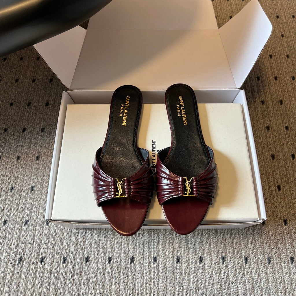 YSL 26S BABYLONE FLAT MULES IN DARK RED LAMBSKIN