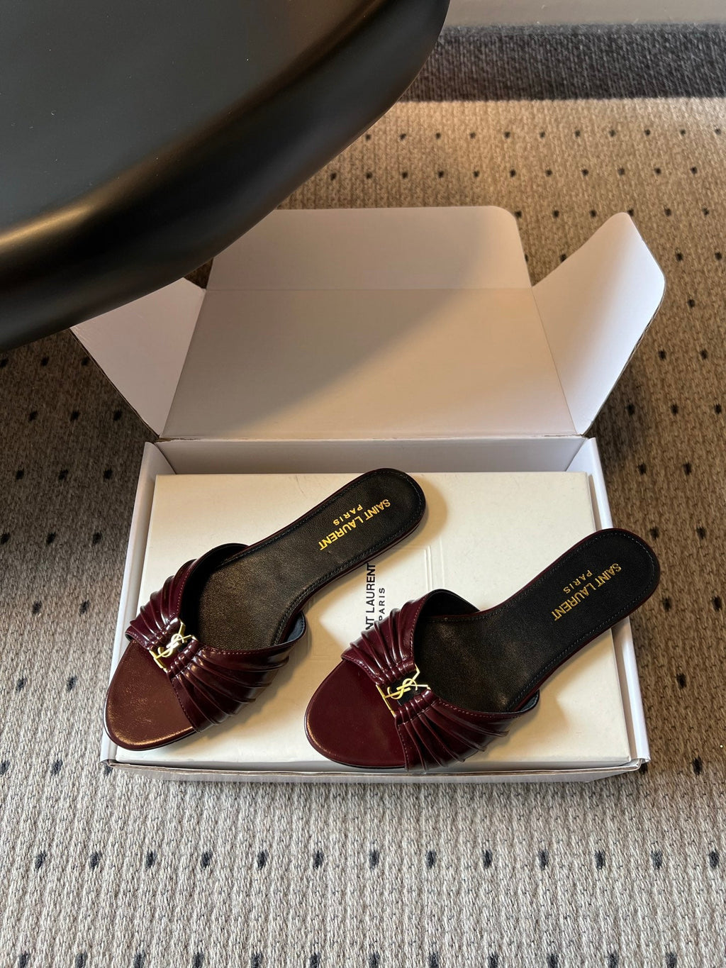 YSL 26S BABYLONE FLAT MULES IN DARK RED LAMBSKIN