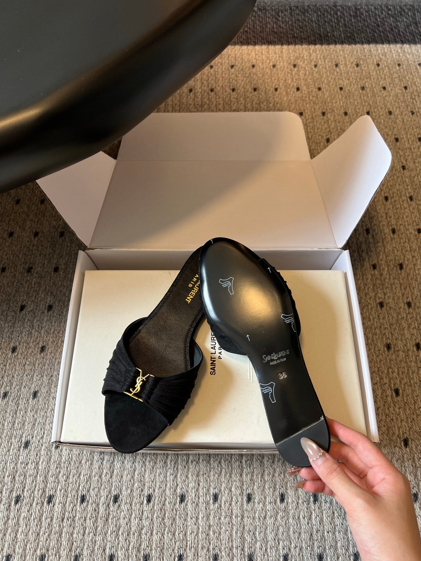 YSL 26S BABYLONE FLAT MULES IN BLACK SUEDE