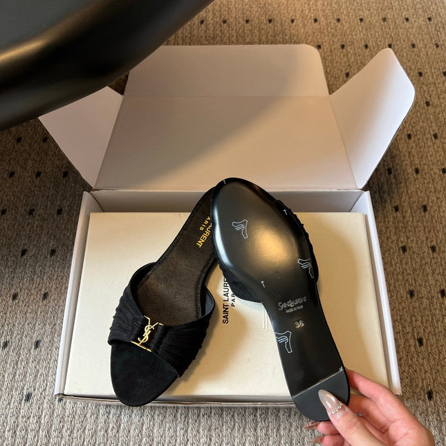YSL 26S BABYLONE FLAT MULES IN BLACK SUEDE