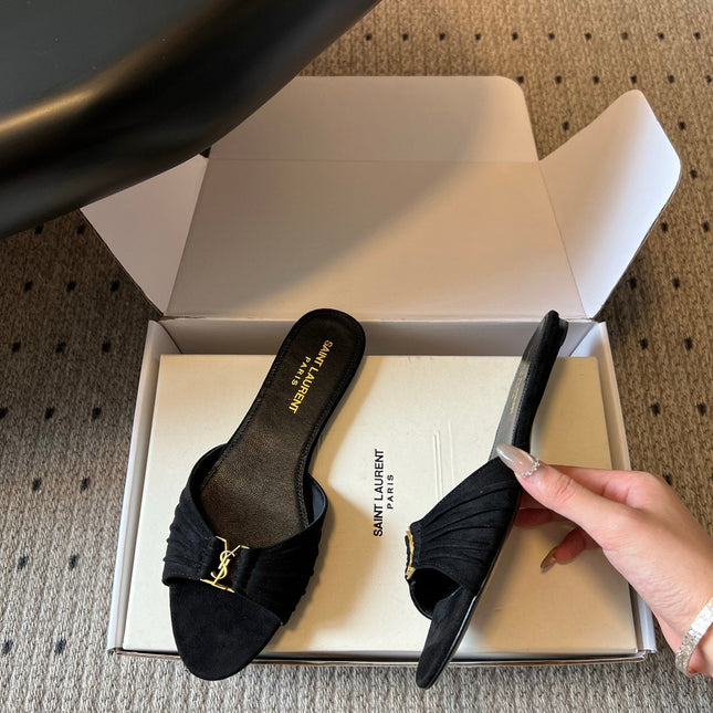 YSL 26S BABYLONE FLAT MULES IN BLACK SUEDE