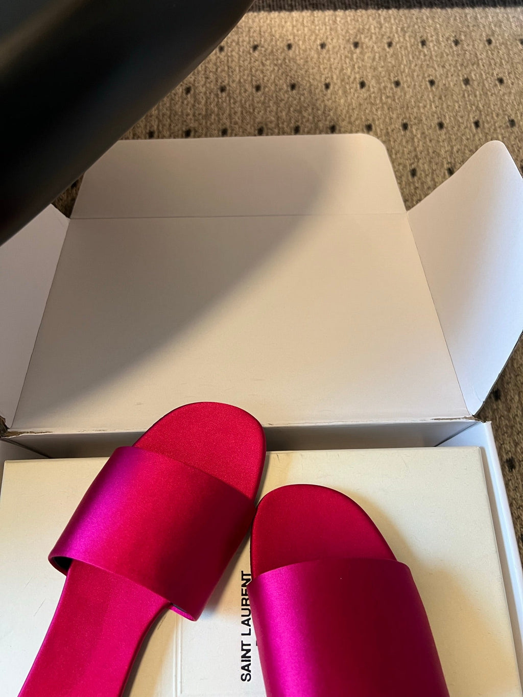 YSL 26S FLAT SLIDES IN DARK PINK SATIN