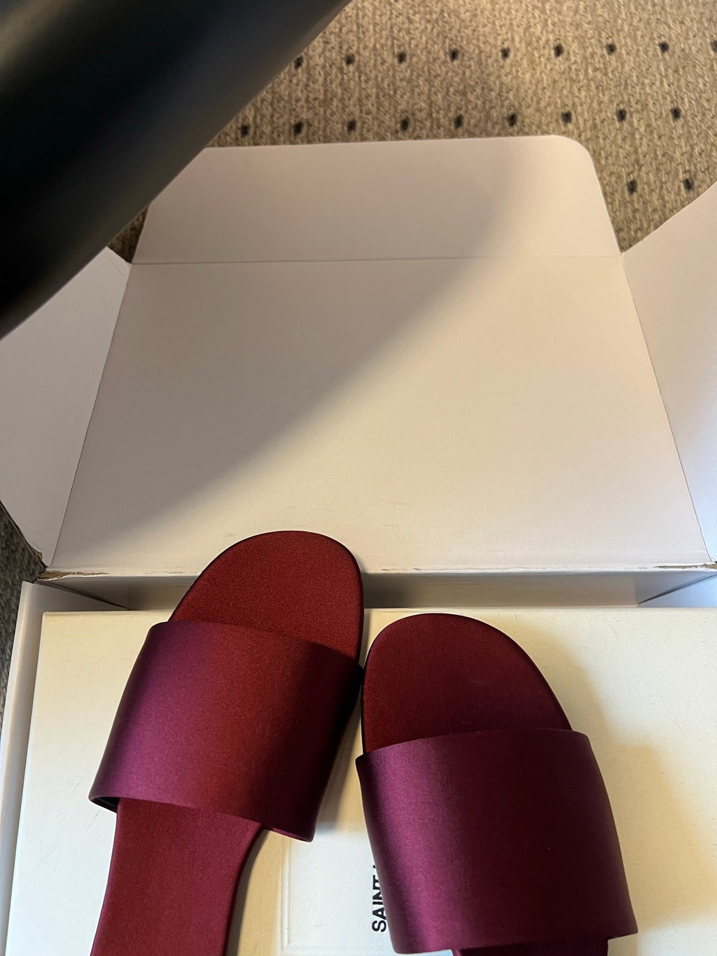 YSL 26S FLAT SLIDES IN DARK RED SATIN