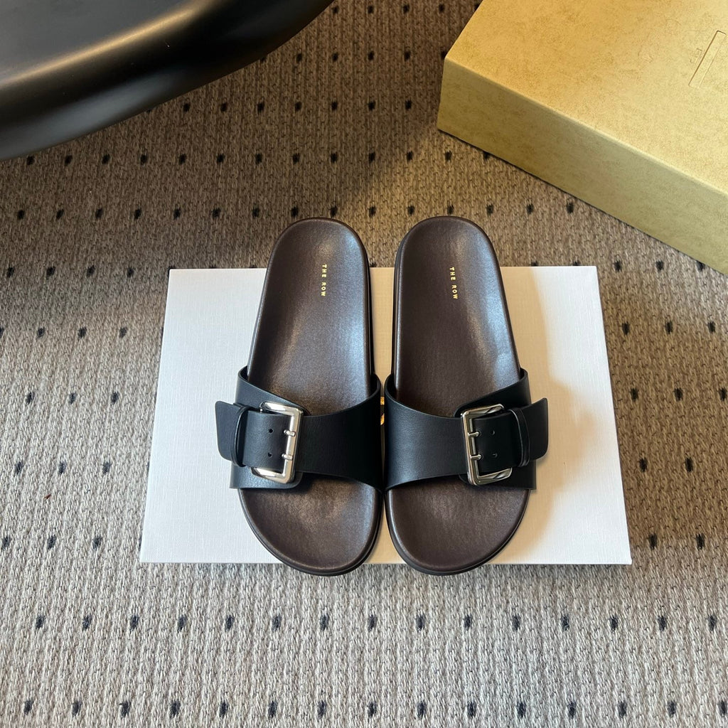 THE ROW 26S BUCKLE SLIDE SANDALS IN BLACK CALFSKIN