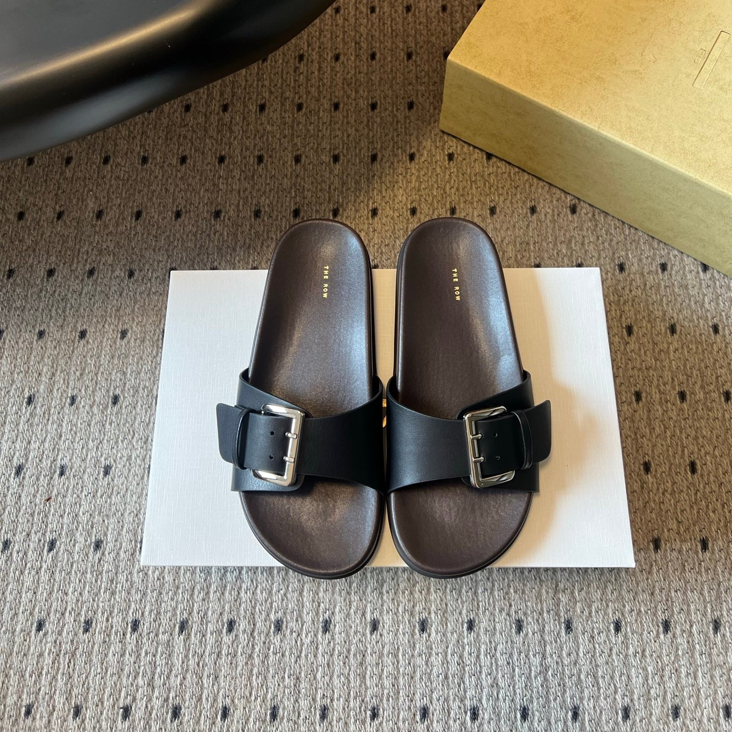 THE ROW 26S BUCKLE SLIDE SANDALS IN BLACK CALFSKIN