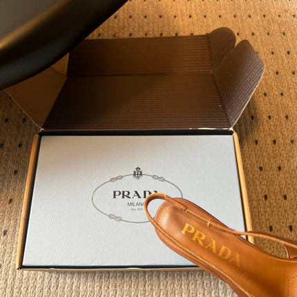 PRADA 26S POINTED TOE FRINGE BOW SLINGBACK PUMPS 85MM IN CARAMEL BROWN CALFSKIN