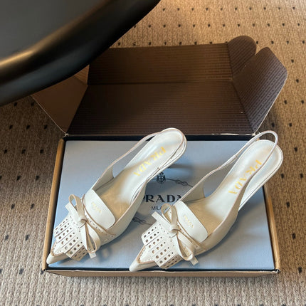 PRADA 26S POINTED TOE FRINGE BOW SLINGBACK PUMPS 85MM IN IVORY WHITE CALFSKIN
