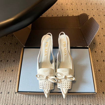 PRADA 26S POINTED TOE FRINGE BOW SLINGBACK PUMPS 85MM IN IVORY WHITE CALFSKIN