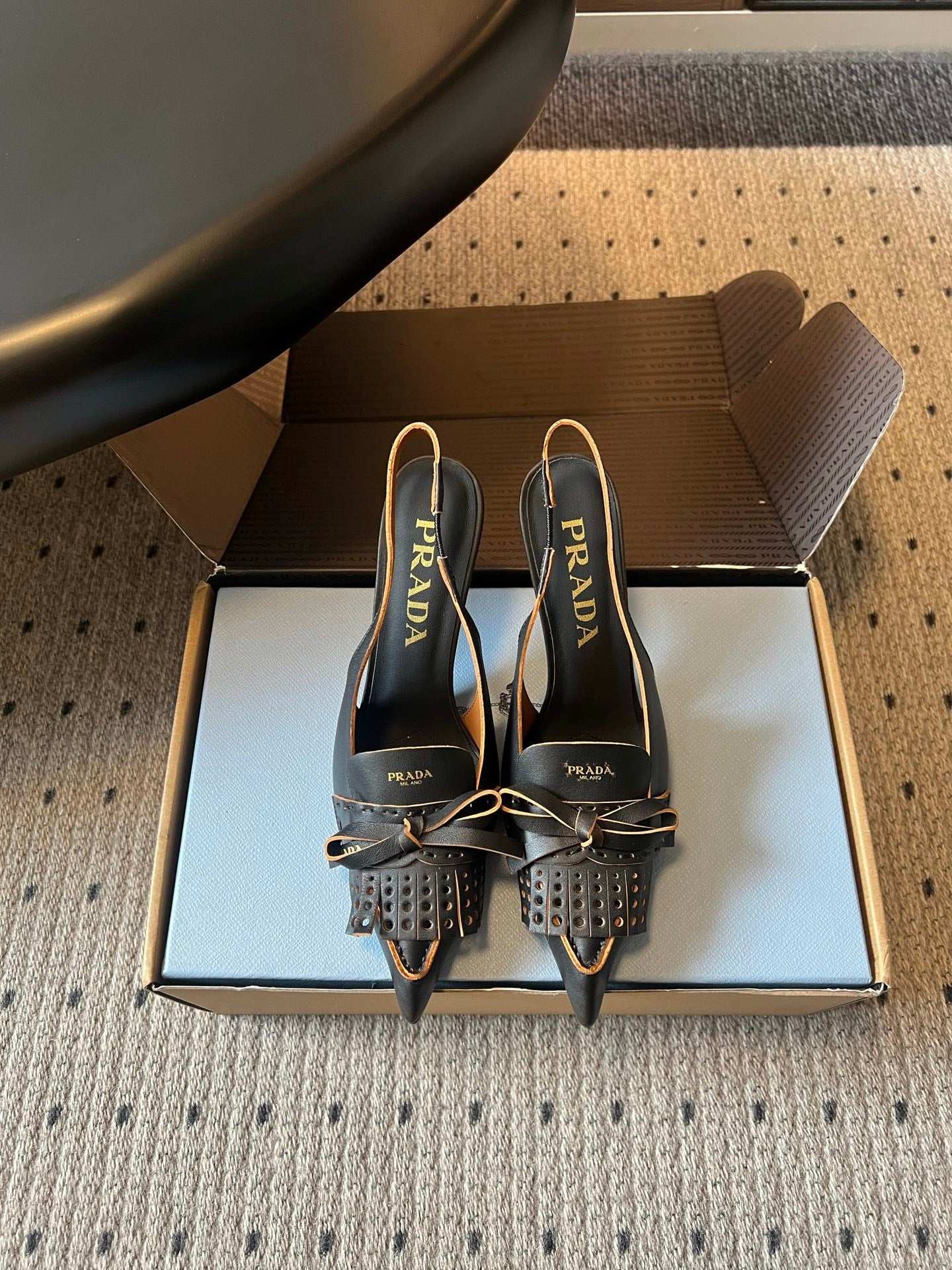 PRADA 26S POINTED TOE FRINGE BOW SLINGBACK PUMPS 85MM IN BLACK CALFSKIN