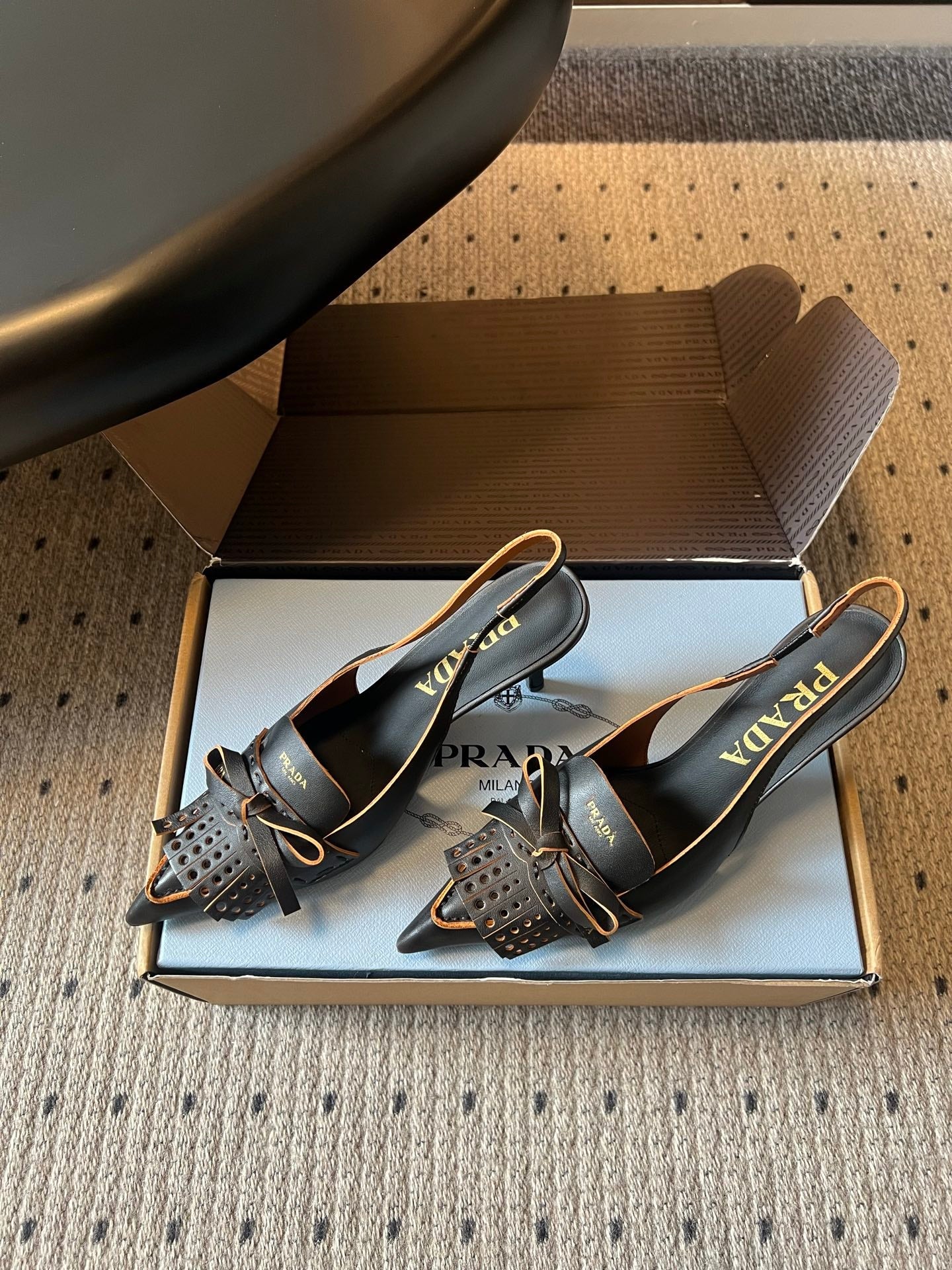 PRADA 26S POINTED TOE FRINGE BOW SLINGBACK PUMPS 85MM IN BLACK CALFSKIN