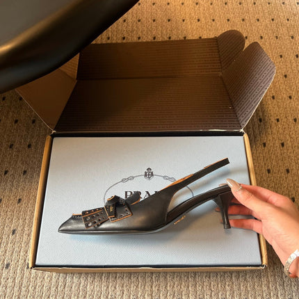 PRADA 26S POINTED TOE FRINGE BOW SLINGBACK PUMPS 55MM IN BLACK CALFSKIN