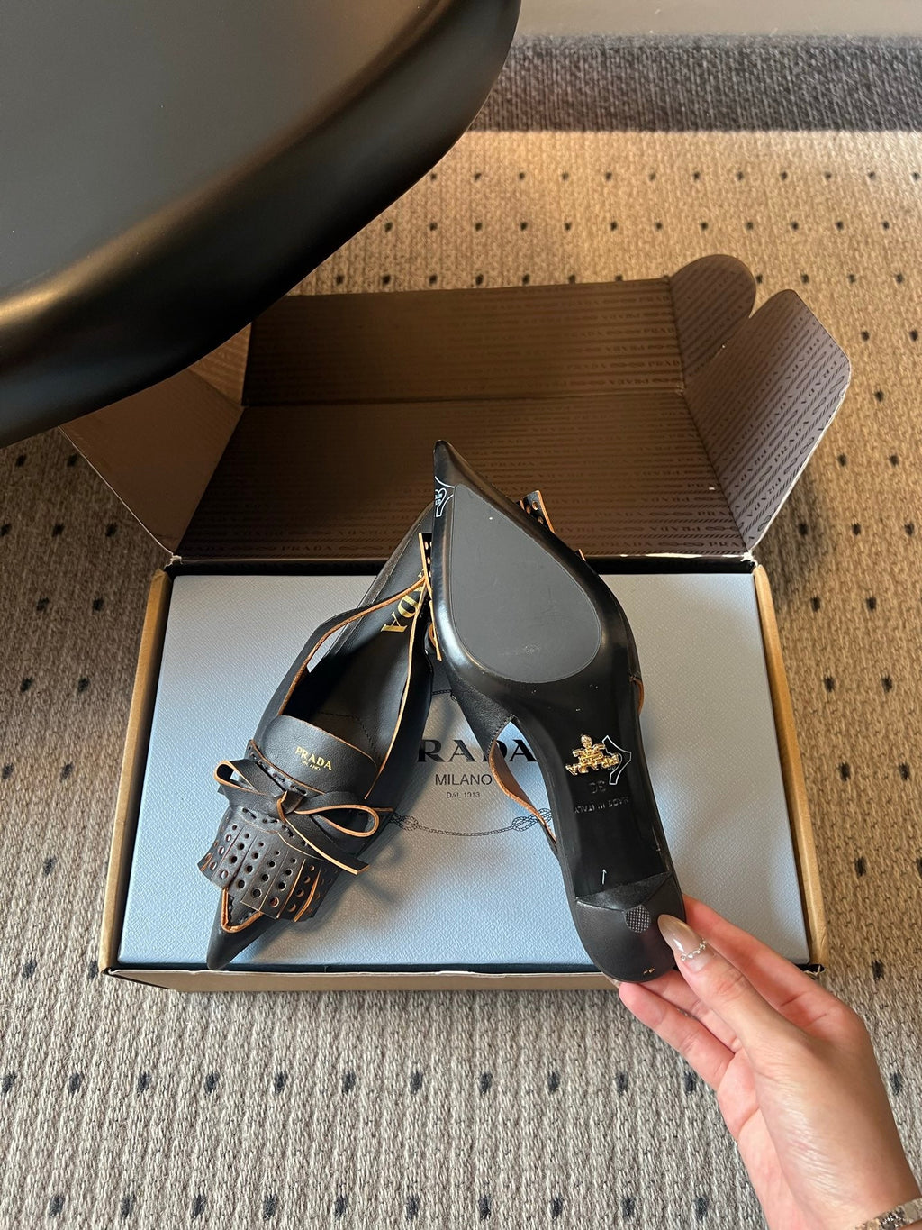 PRADA 26S POINTED TOE FRINGE BOW SLINGBACK PUMPS 55MM IN BLACK CALFSKIN