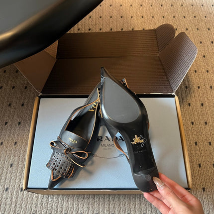 PRADA 26S POINTED TOE FRINGE BOW SLINGBACK PUMPS 55MM IN BLACK CALFSKIN