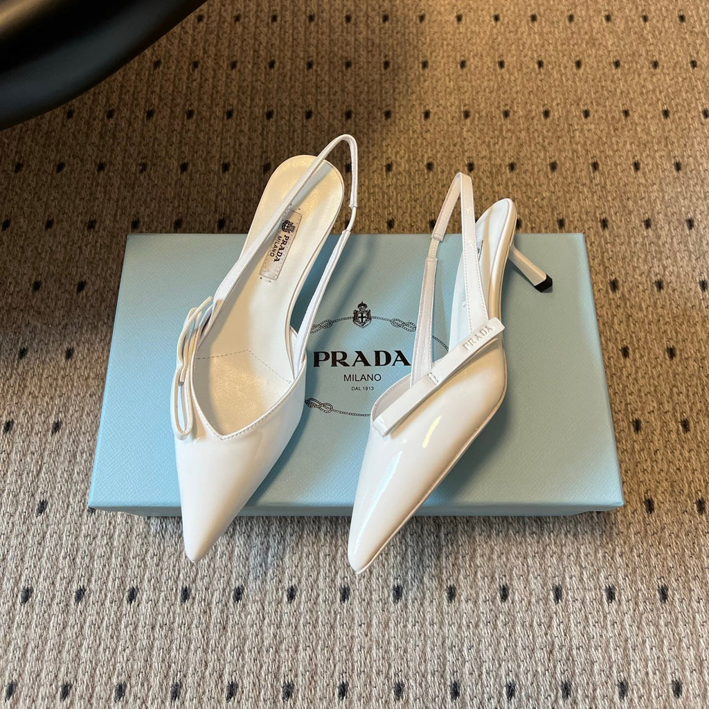 PRADA 26S BOW DETAIL SLINGBACK PUMPS 55MM IN WHITE PATENT CALFSKIN