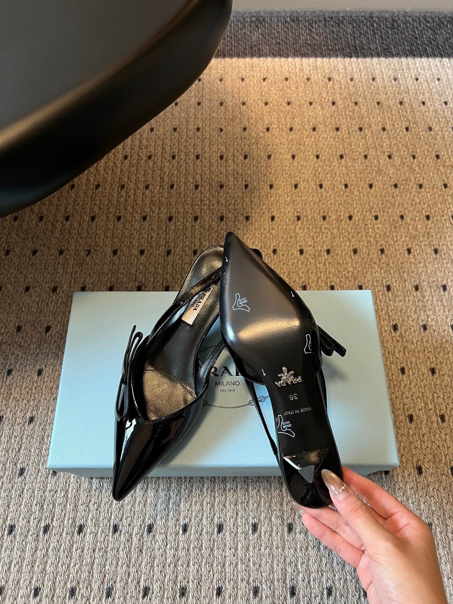 PRADA 26S BOW DETAIL SLINGBACK PUMPS 55MM IN BLACK PATENT CALFSKIN