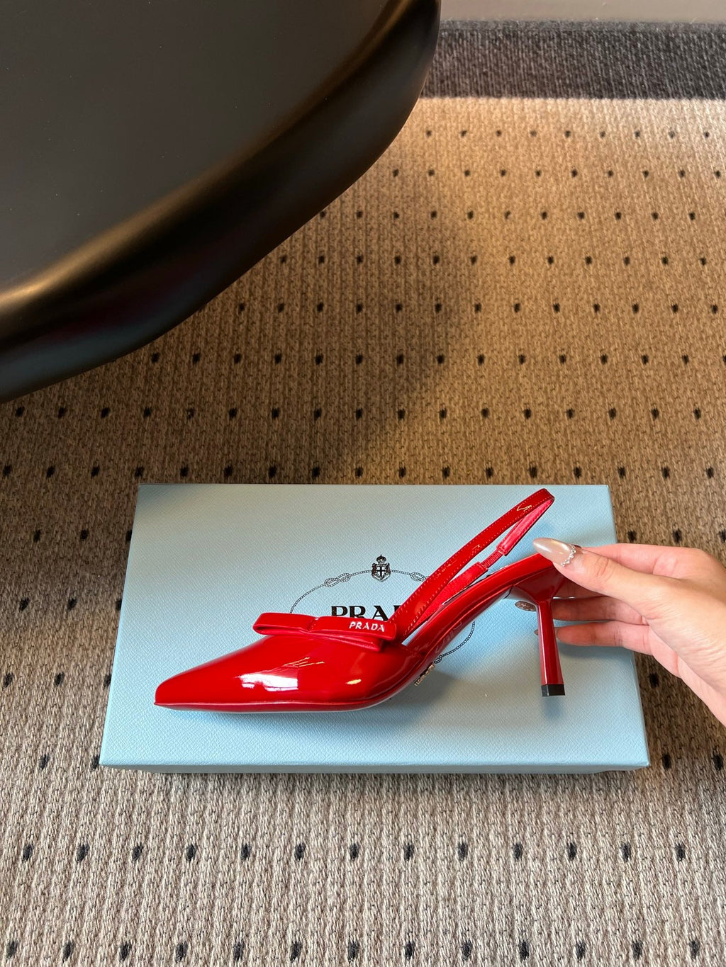 PRADA 26S BOW DETAIL SLINGBACK PUMPS 75MM IN RED PATENT CALFSKIN