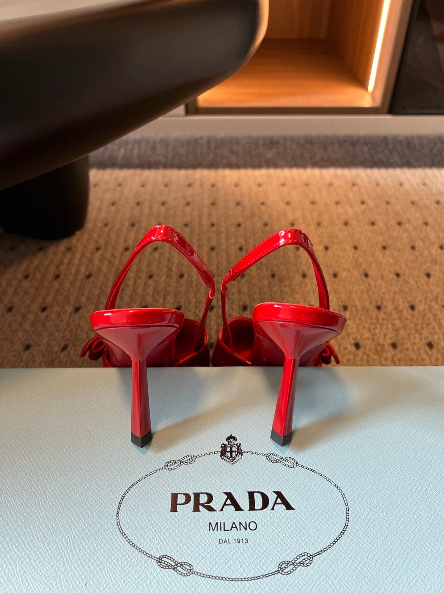 PRADA 26S BOW DETAIL SLINGBACK PUMPS 75MM IN RED PATENT CALFSKIN