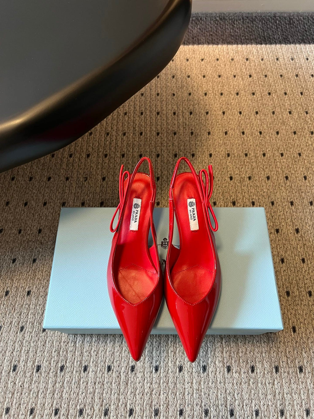 PRADA 26S POINTED TOE SLINGBACK HEELS 55MM IN RED PATENT CALFSKIN