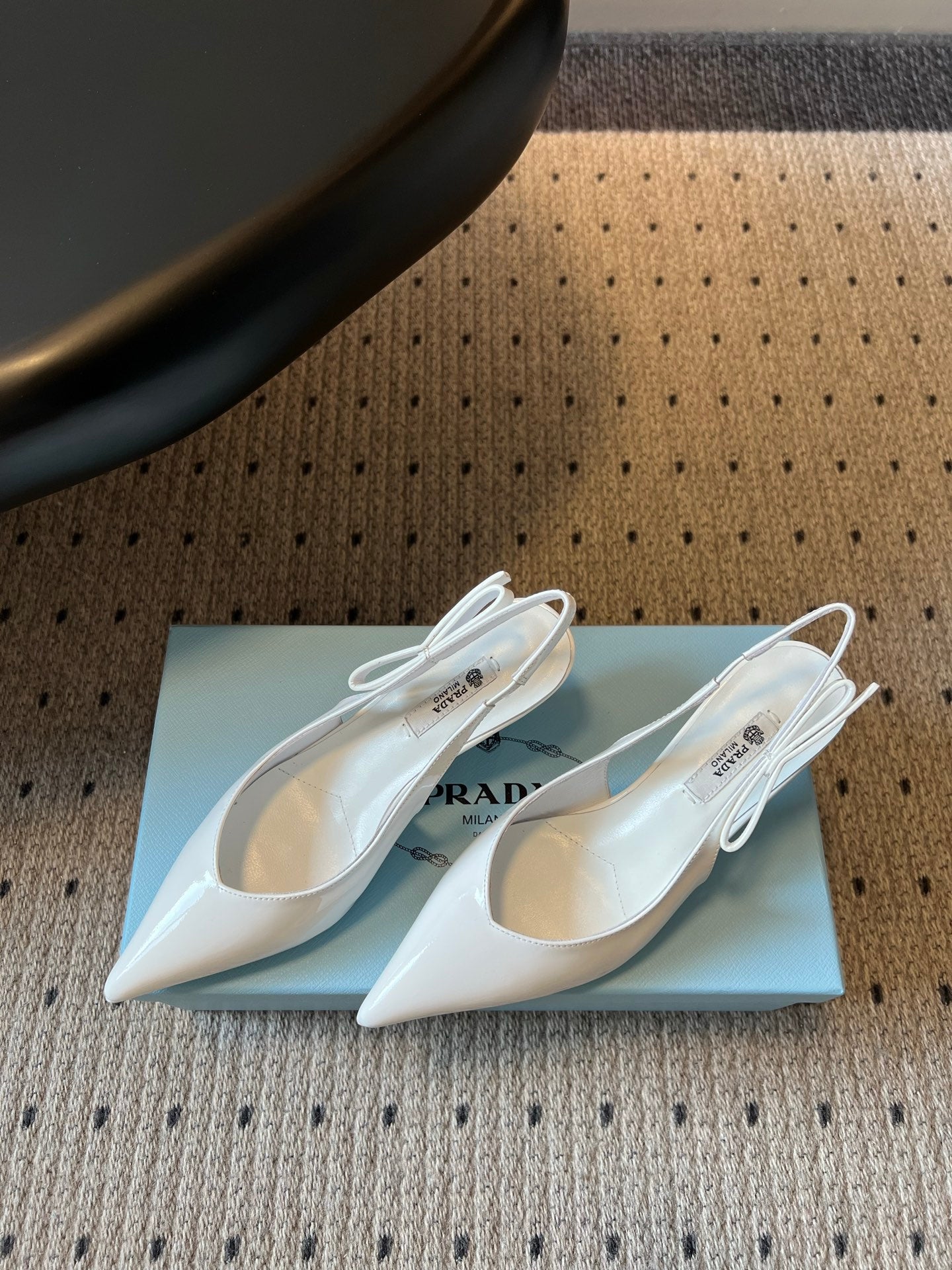 PRADA 26S POINTED TOE SLINGBACK HEELS 55MM IN WHITE PATENT CALFSKIN