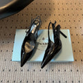 PRADA 26S POINTED TOE SLINGBACK HEELS 75MM IN BLACK PATENT CALFSKIN