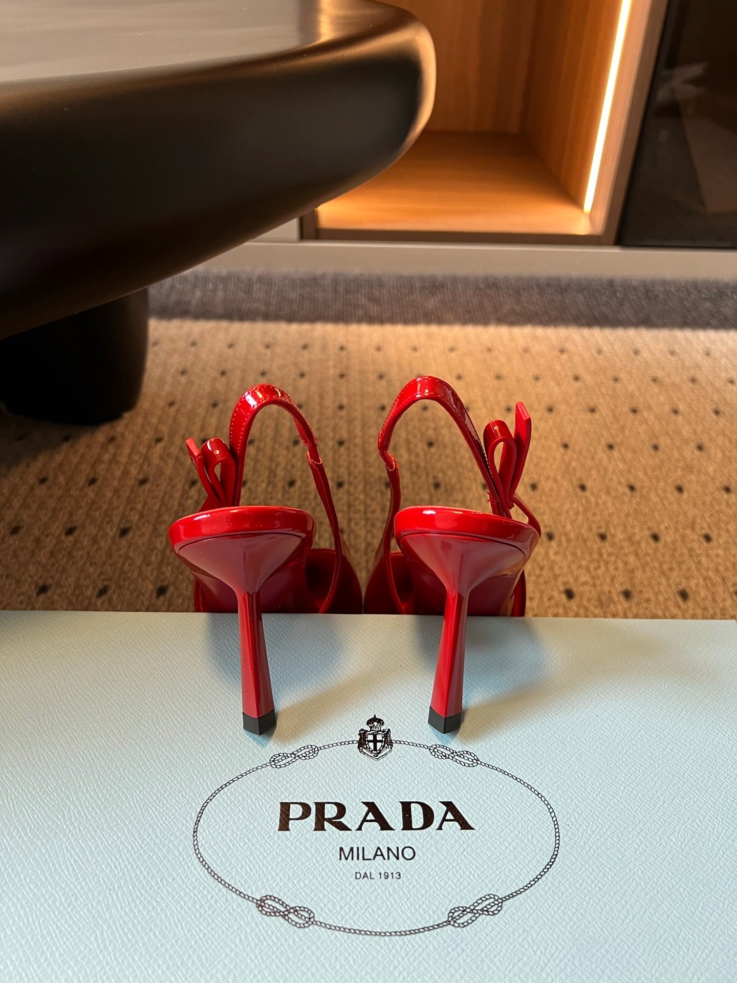 PRADA 26S POINTED TOE SLINGBACK HEELS 75MM IN RED PATENT CALFSKIN