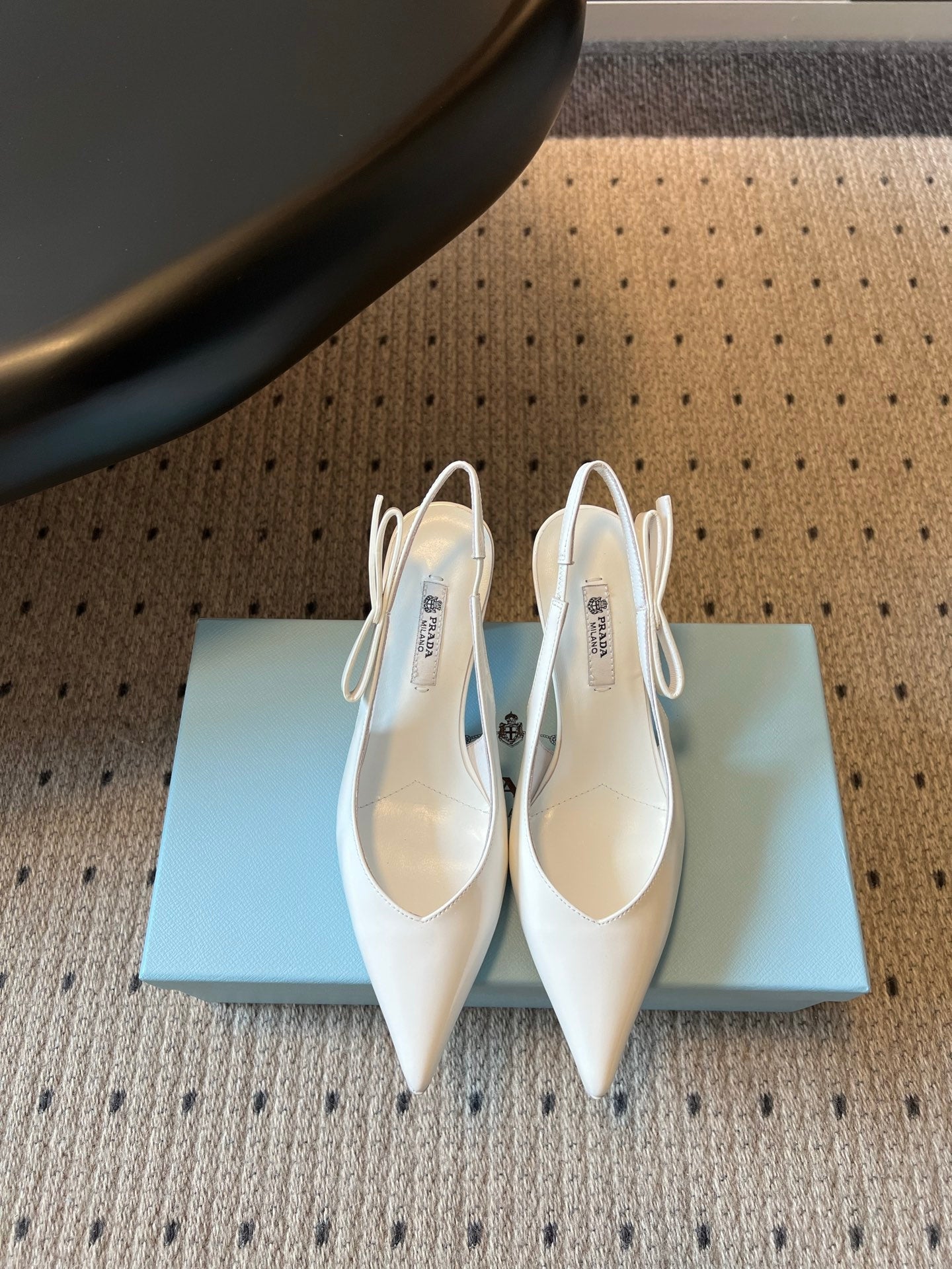PRADA 26S POINTED TOE SLINGBACK HEELS 75MM IN WHITE PATENT CALFSKIN