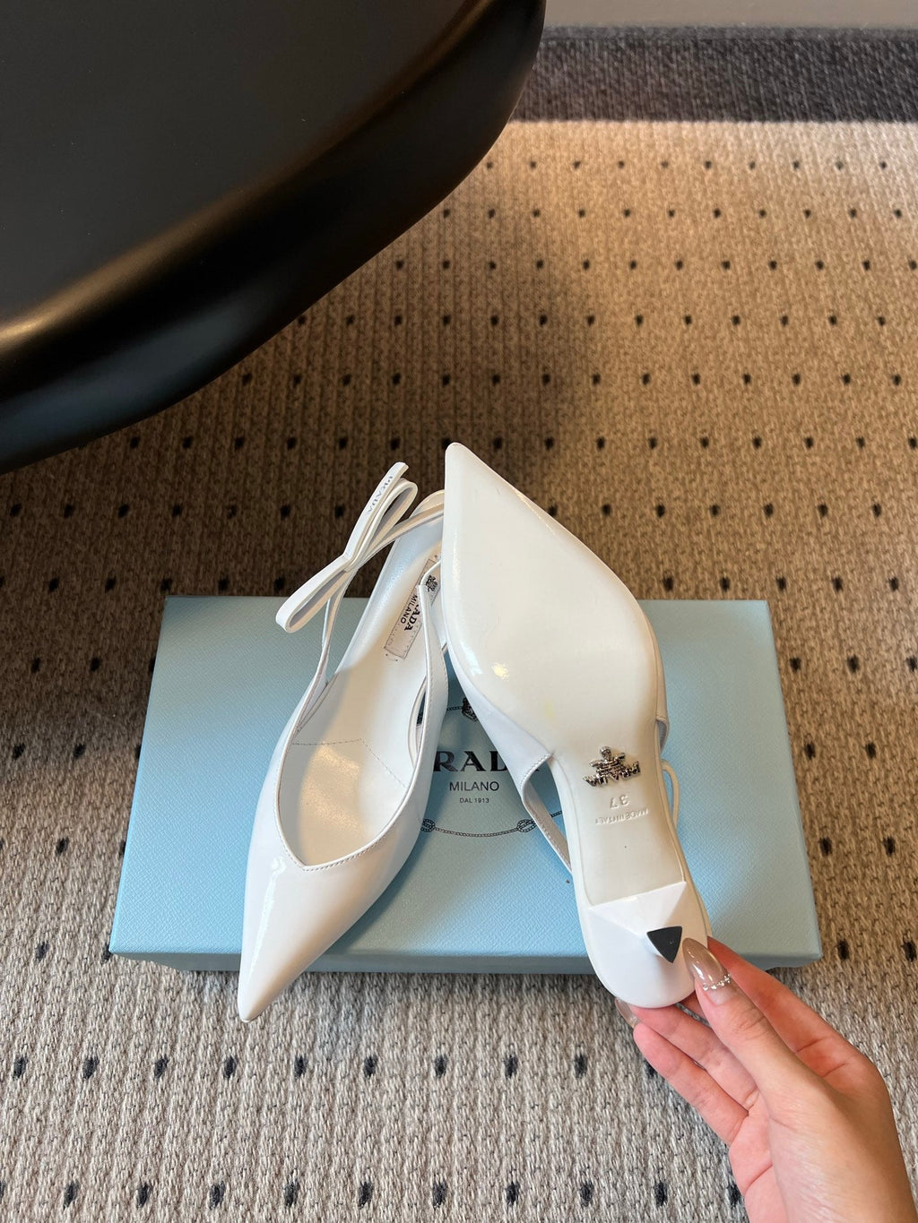 PRADA 26S POINTED TOE SLINGBACK HEELS 75MM IN WHITE PATENT CALFSKIN