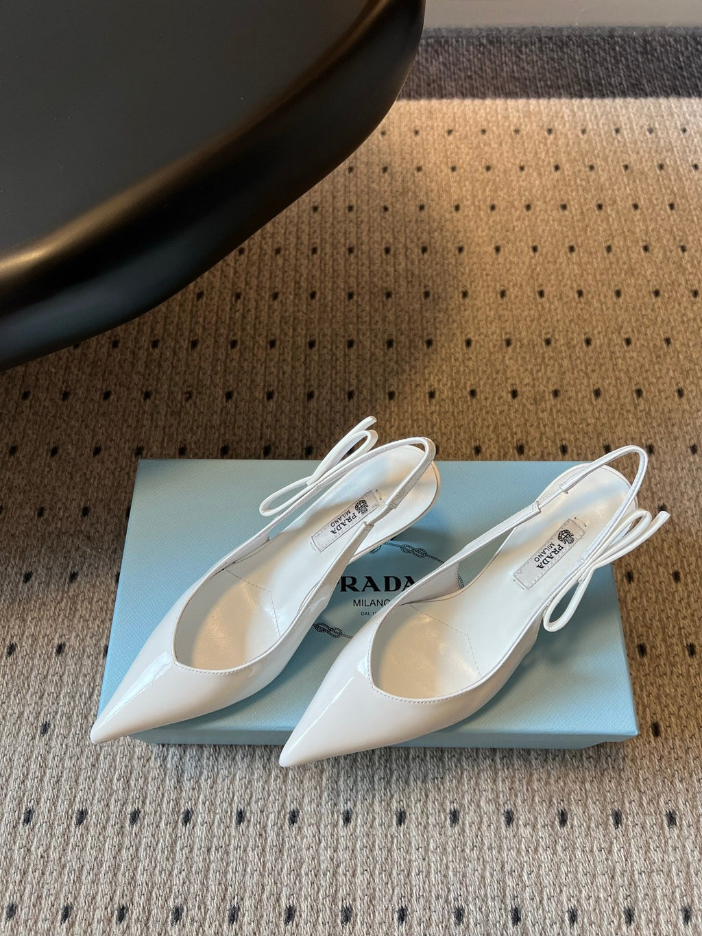 PRADA 26S POINTED TOE SLINGBACK HEELS 75MM IN WHITE PATENT CALFSKIN