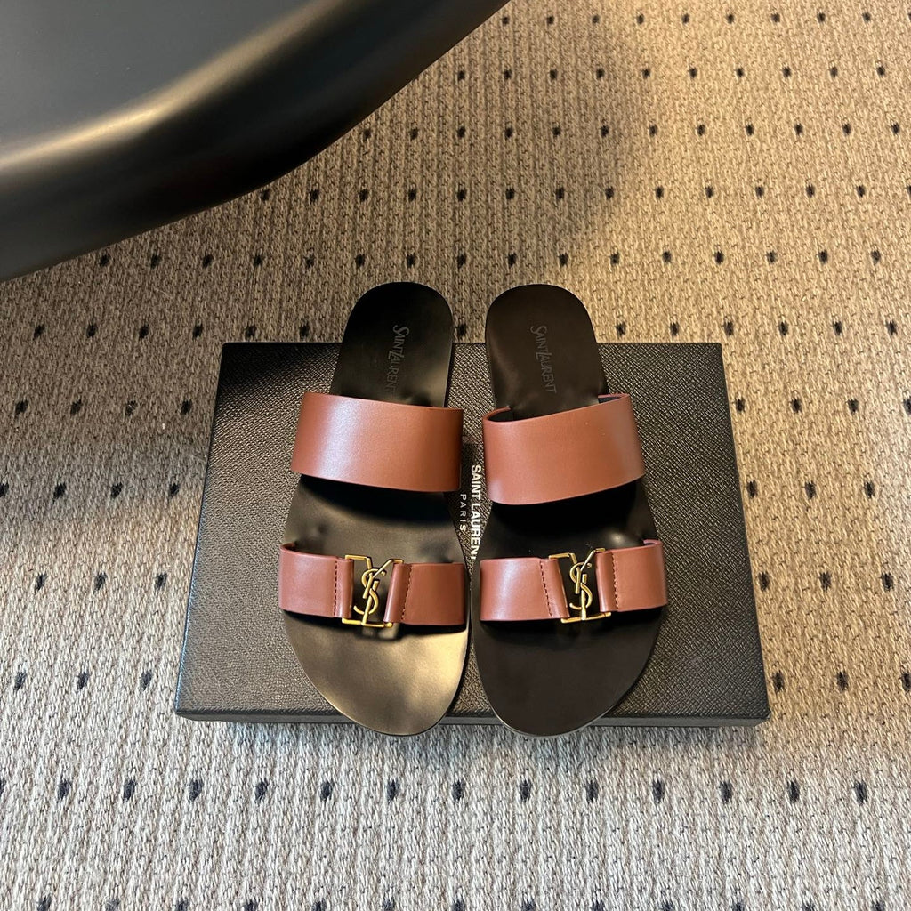 YSL 26S DOUBLE-STRAP SANDALS IN BROWN CALFSKIN