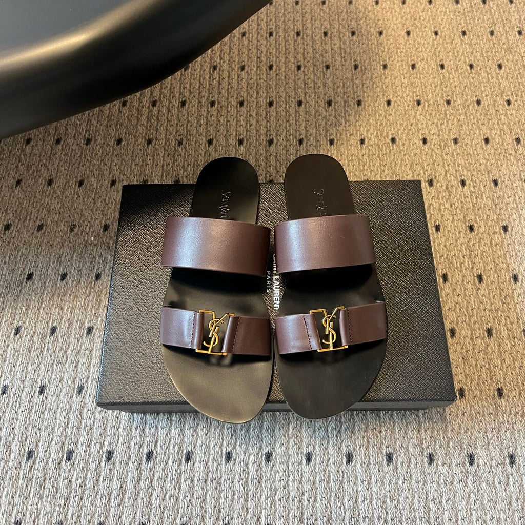 YSL 26S DOUBLE-STRAP SANDALS IN DARK BROWN CALFSKIN