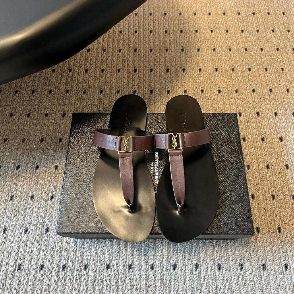 YSL 26S THONG SANDALS IN ESPRESSO BROWN AND BLACK SHINY CALFSKIN