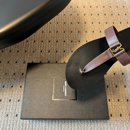 YSL 26S THONG SANDALS IN ESPRESSO BROWN AND BLACK SHINY CALFSKIN